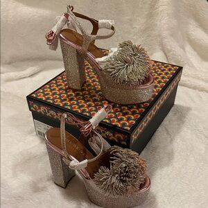 Kurt Geiger Rose Gold Crystal Platform Sandals with Pom-Pom